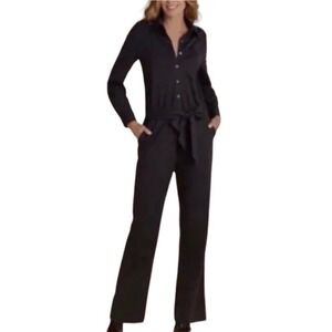 Soft Surroundings Black Button Front Roll Tab Sleeve Jumpsuit Women's Large